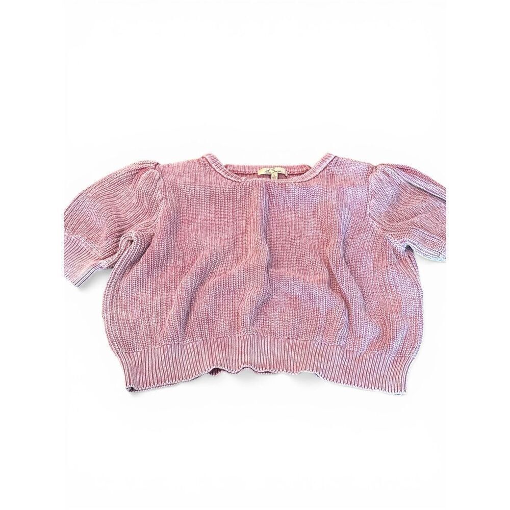 LES SEREIN Puff Short Sleeve Crop Sweater Marled Knit Sunwashed Pink Spring Swea
